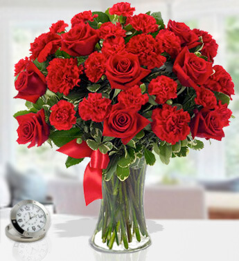 10 Red Roses & 10 Red Carnation in a Glass Vase with red ribbon Admire Secretly