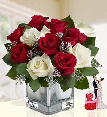 Bunch of 7 Red and 4 white roses with greens and gyspophillia Truly Magic