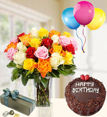 Bunch of 20 stems of Mixed Colour Roses with 250 gms Patchi chocolate , 1 kg Chocolate Cake and 3 Latex Balloon Mixed Roses Birthday Combo