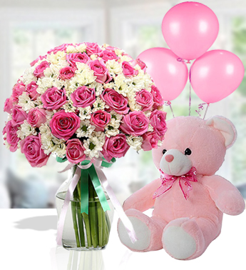 30 stems of Pink Roses, 6 stems of White Chrysanthemums in a glass vase (one sided round arrangement) with 3 Pink Balloons and 12 Inches Pink teddy Bear Girls Heart Wing