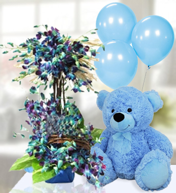 3 ft tall stand arrangement of 40 Blue Orchids in a Basket ( as image) , 3 Plain Blue Balloon and 12 Inch Blue Teddy Bear Blooms for Baby Boy