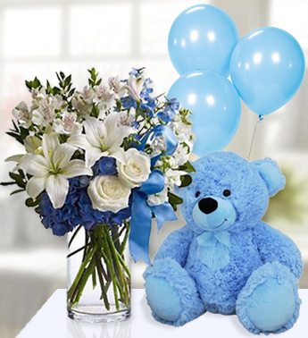 1 stem of White lilies ,6 White Rose,3 stems of White Astromeria and 1 Blue Hydrangea in a Glass Vase (one sided round arrangement), 3 Plain Blue balloons and 12 Inch Teddy Bear Boy Blissfull