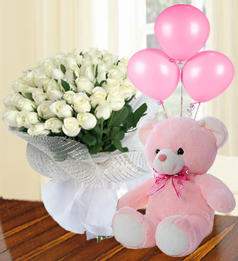 Bunch of 40 White Roses in nice wrapping , 12 Inches Pink teddy Bear and 3 Plain Pink Girl Balloon Cute Girl