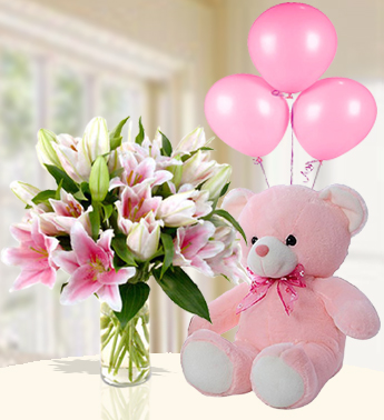 5 Stem of Pink Lilies in a glass vase , 12 Inches Teddy Bear and 3 Plain Pink Balloon Stragazer For Baby Girl