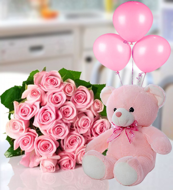 Bunch of 20 Pink Roses in nice wrapping , 12 Inch Teddy Bear and 3 pink balloons Warm Pink