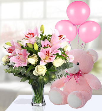 Bunch of 10 White Roses and 4 stems of Pink Lilies with fillers and leaves , 12 Inches Teddy Bear and 3 Pink Balloon Cherry For A Girl