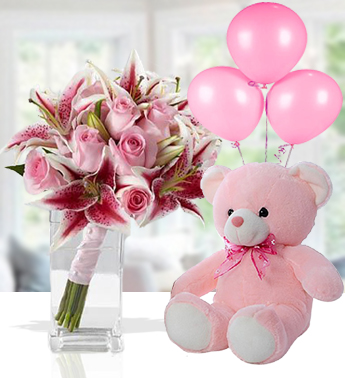 4 stems of Pink Lilies & 6 Pink Roses in a Glass Vase (As Image), with 12 Inches Teddy Bear and Its A Girl Balloon Pleasent Lilies