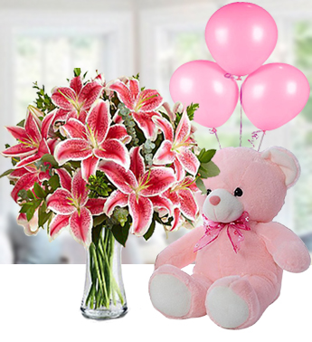 10 Stems of Pink Lilies in a Glass Vase , 12 Inch pink Teddy Bear and 3 Pink Latex Balloon Charming Baby